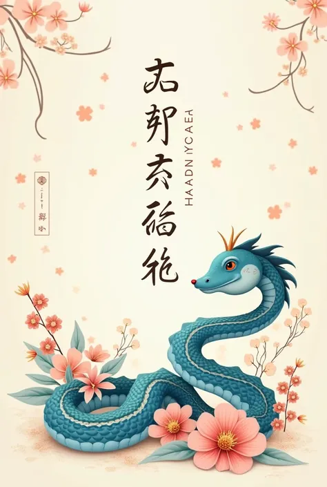 New Years greetings New Years card with the letters 
"2025 happy new year" The letters are included in a matching manner 
Cute oriental style blue snake