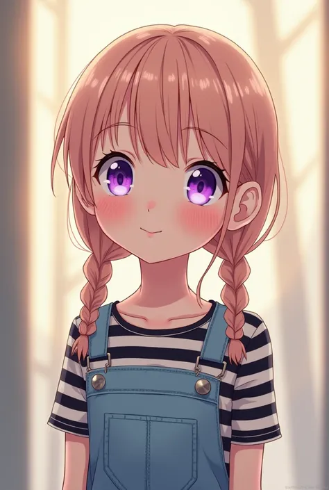 A girl with purple eyes, Peach colored hair ,  tied in Maria Chiquinhas ,  light blue denim jumpsuit ,  black and white striped shirt. Gentle face

Anime style