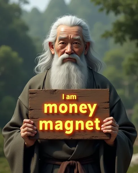 A Japanese Old Man, long beards, long hair, realistic render, holding a sign saying " I AM MONEY MAGNET " Text front is bold Glowing 