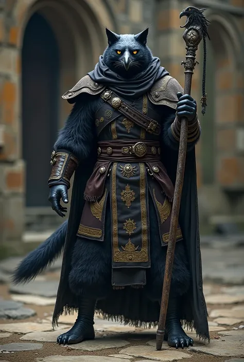 Male tabaxi monk wearing raven mask and holding a quarterstaff with his claws