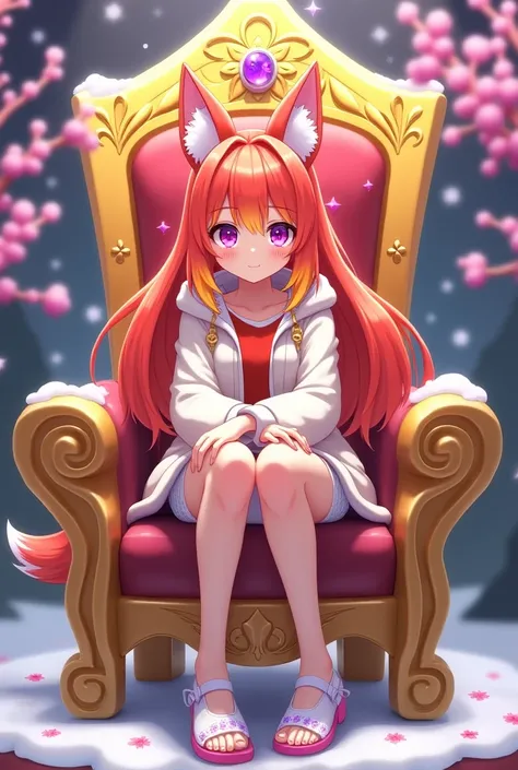 Anime Vtuber model female with bright long red and orange hair with fox ears of the same color as the speed sparkling purple eyes wearing a winter Christmas hooded sweater hat and collar are white red shirt wearing a white short skirt and wearing white sho...