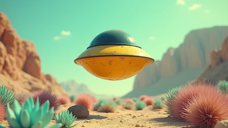 a small glossy, dirty, yellow spherical spaceship, about the size of a car, with a narrow black windscreen visor, like a helmet visor, is hovering high above a pastel coloured alien landscape of pastel blue, pink, yellow and green highly detailed plants an...