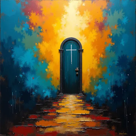 (photorealism:1.2), A vibrant and abstract painting featuring a The Silent Tomb. The background is an explosion of bold, textured colors, with fiery blue, deep aqua, and dark gold blending together in a dramatic and expressive manner. The brushstrokes are ...