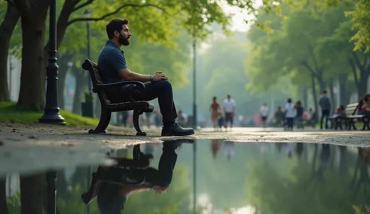  A man in reflection sitting on a park bench, there are people walking and people sitting nearby ,  different angle  