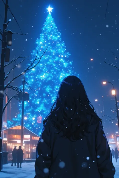 （masterpiece、 High Quality 、 high res、  Details、８hair)、 bachair view of a female（ long hair), walhairing along（  upper body）、 in a snowy city  、  in the distance The blue LED illumination of the street tree is shining、 The light spreads over and over 、円を描く...