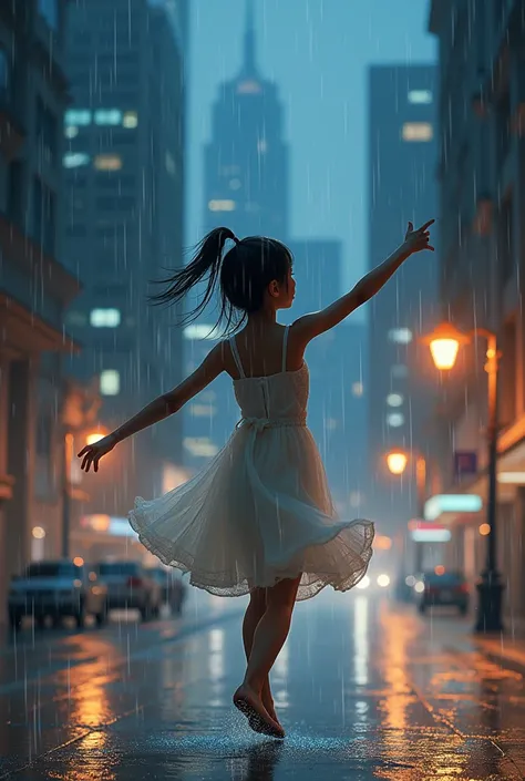 A girl dancing in rain , background with buildings with light at night 