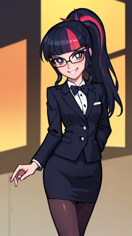 (masterpiece, best quality:1.2),cowboy shot,solo,1girl,mlptwilight,smile,looking at viewer,ponytail,glasses,business suit, blazer, pencil skirt, high heels, dynamic lighting,