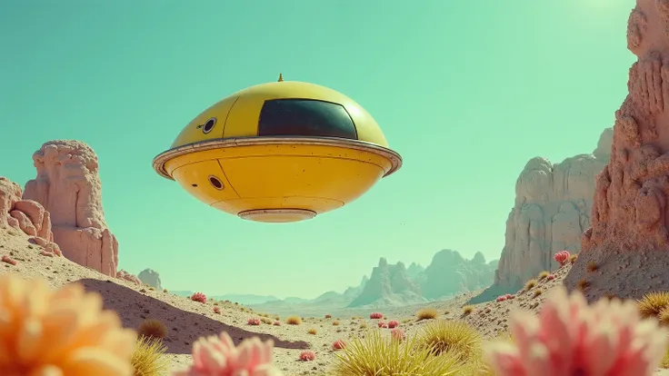 a small glossy, dirty, yellow spherical spaceship, about the size of a car, with a narrow black windscreen visor, like a helmet visor, is hovering high above a pastel coloured alien landscape of pastel blue, pink, yellow and green highly detailed plants an...