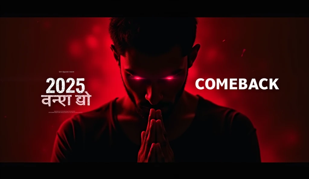 "Create a high-quality YouTube thumbnail for a motivational video with bold text in Hindi and English. Use a black and red color theme. Add dramatic red light effects to the eyes of a serious-looking male figure praying with folded hands. Include text: 202...