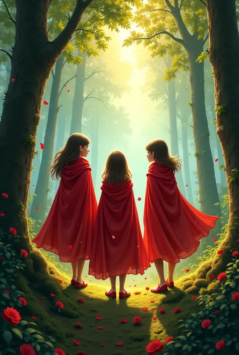 Help me with an image with three girls in red capes finding the tree 