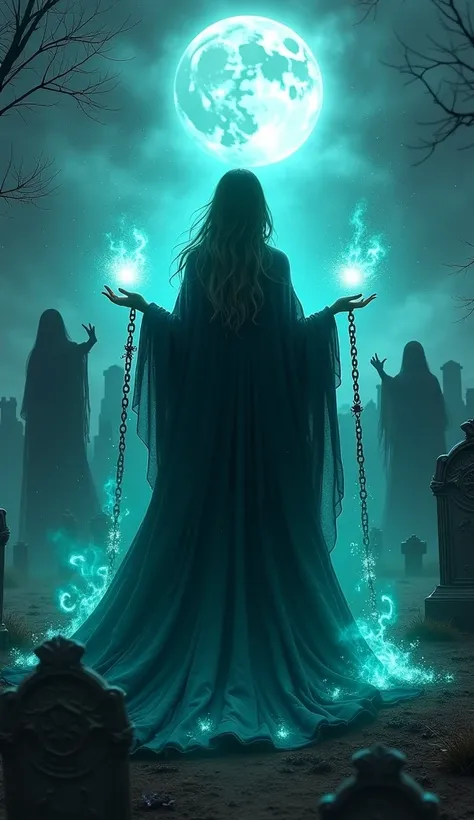 Majestic sorceress surrounded by eerie blue-green spectral figures rising from the grave. Moonlit, ancient graveyard shrouded in mist. Flowing dark robes adorned with glowing mystical symbols. Her eyes burn with forbidden power, chains of dark magic bindin...