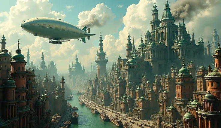 ((((best quality)))), (((ultra-detailed))), (((masterpiece))), a detailed steampunk city with green-copper building designs, airships floating above the clouds, and streets filled with steam-powered vehicles and robots. Industrial ships emit columns of smo...