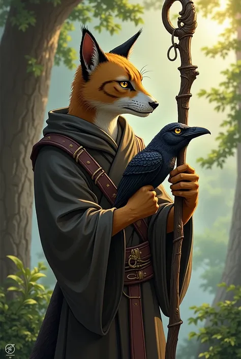 Male tabaxi monk holding a raven mask in hand and a quarterstaff with the other