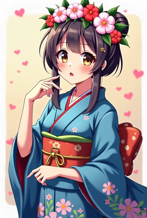 anime girl  kimono with a flower crown and a blue kimono,  animated picture inspired by Ma Yuanwei , Pixiv, Ink, ((Wearing an aristocrats robe)), , 왕실 An anime girl wearing a kimono ,  pale and colored kimono , An anime girl wearing a kimono ,  exquisite g...