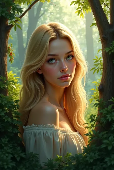 realistic blonde 23 years old long hair green eyes in forest