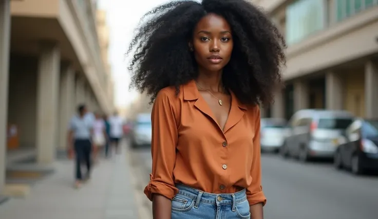 Create an image of a young Nigerian woman in her mid-20s, standing about 57" (170 cm) tall with a slim and elegant figure. She has smooth, rich caramel brown skin and an oval face with high cheekbones, a slightly upturned nose, and dark brown almond-shaped...