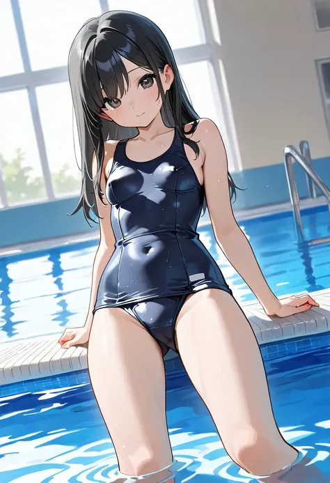  school swimsuit, bluish black hair ,  Female Middle School Student,Pool, 
The shape of the nipple is visible on the swimsuit, 