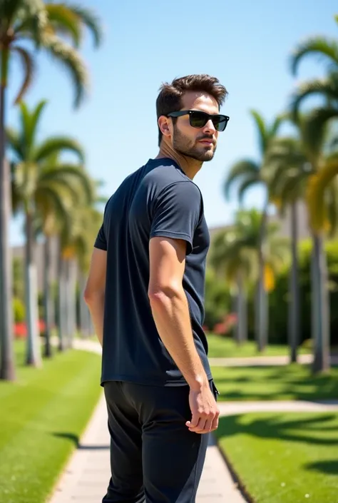 Model wearing glass sunglasses，镜片上有星星和月亮A realistic image of a handsome Latin man with a beautiful face and a fit, well-proportioned body, with fair and rosy skin. He has a light beard and long, well-groomed hair. He is wearing sporty clothes: elastic trou...