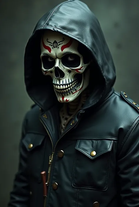  Man with a skull face with paints and tattoos on his skeleton face. hooded with three legs leather jacket and knives 