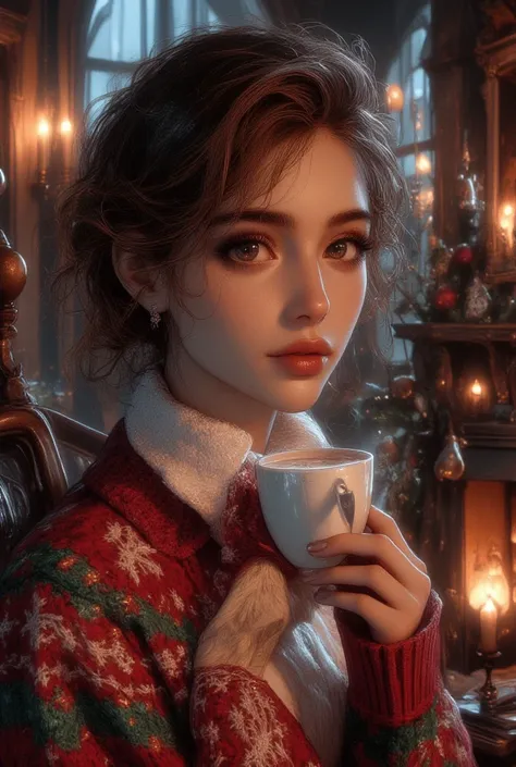 A beautiful woman with beautiful eyes:1.2, detailed eyes, beautiful full lips, highly detailed eyes and faces, long eyelashes, cute expression, smile, sitting:1.4, holding a cup of hot latte, homely background, Christmas sweater, fireplace, warm light, det...