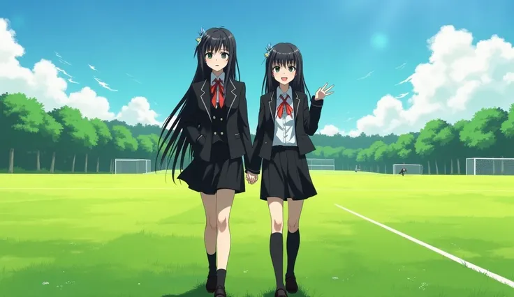 Anime,A teenage girl with a striking and dramatic appearance: long black hair slightly disheveled, framing her pale face adorned with sharp, goth-inspired makeup. She walks across a sunlit school football pitch alongside her best friend, her tailored black...