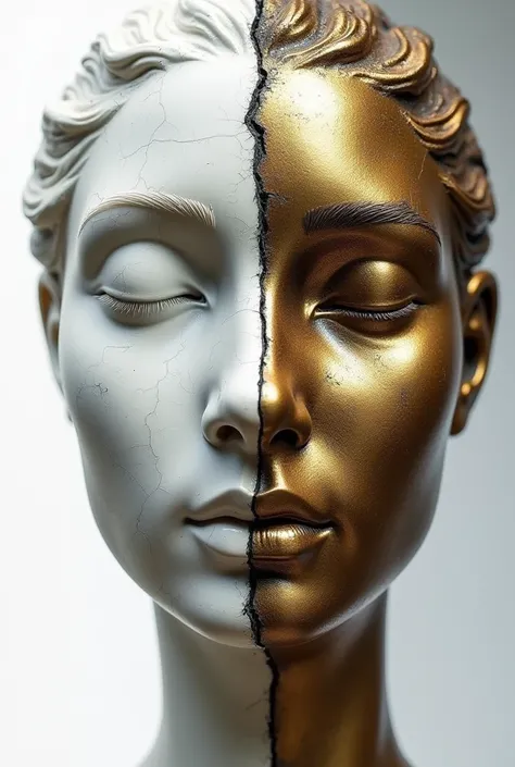  The main concept : Split face ,  where one half is made in the style of a classic antique marble sculpture,  background and the other half in a modern or futuristic style ,  editor with metallic shades ,  like gold or bronze .

 abstract elements :  Add t...