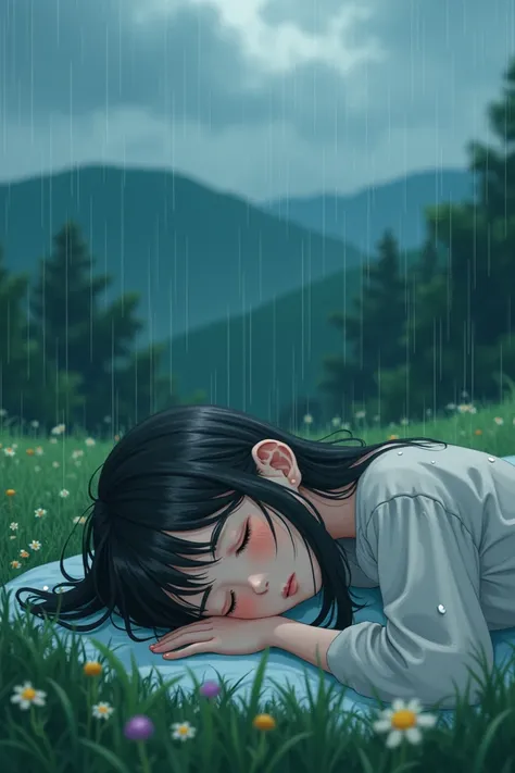 anime girl sleeping in the rain with landscape image