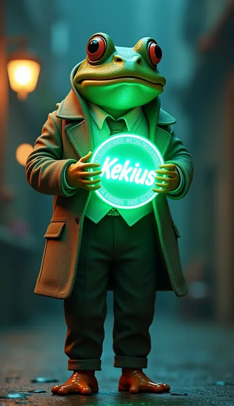 Frog Wearing Coat Pant, Like a Human Being, Holding A Coin , In Coin Written "Kekius" Neon glowing effect , first alphabet must been capital