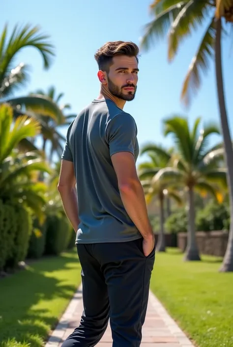 A realistic image of a handsome Latin man with a beautiful face and a fit, well-proportioned body,  he has big ass with fair and rosy skin. He has a light beard and long, well-groomed hair. He is wearing sporty clothes: elastic trousers and a stylish t-shi...