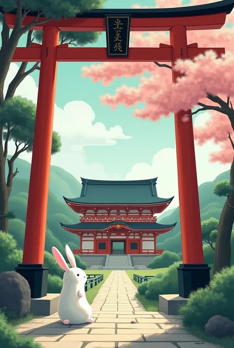 A white rabbit under the torii gate in front of the majestic shrine