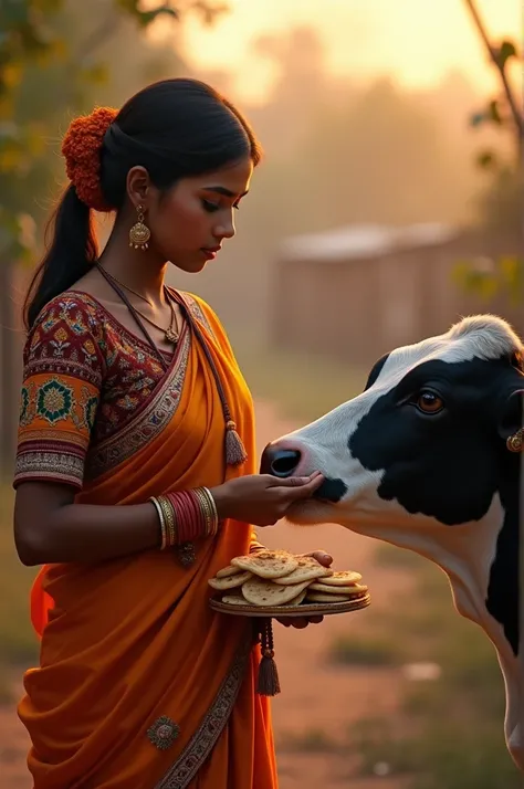 An Indian girl of 20 to 21 years of age is in a traditional dress, it is evening time and she is feeding roti to a cow, the color is black and white and looks very realistic