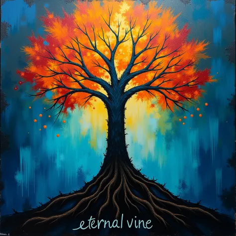 (photorealism:1.2), A vibrant and abstract painting featuring a The Tree Of Life The background is an explosion of bold, textured colors, with fiery blue, deep aqua, and dark gold blending together in a dramatic and expressive manner. The brushstrokes are ...