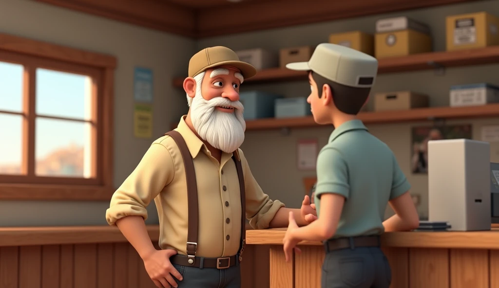 "A 3D illustration featuring the exact same farmer character as in the previous prompts, standing inside a small rural post office. The farmer, with his white beard, wearing his light beige shirt, brown suspenders, and beige cap, is seen talking to a post ...