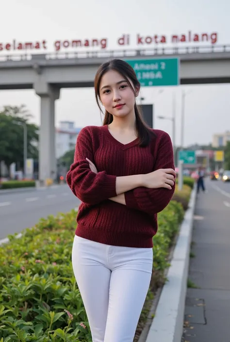 a beautiful Thai girl,slightly chubby reddish black hair tied neatly behind her head. wearing a thick, long-sleeved dark red sweater and wearing white leggings, rather long jeans. I was standing under the bridge that said selamat datang di kota malang .was...