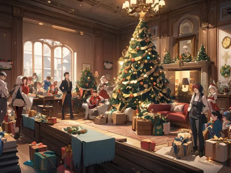 16 characters in a room with a Christmas tree