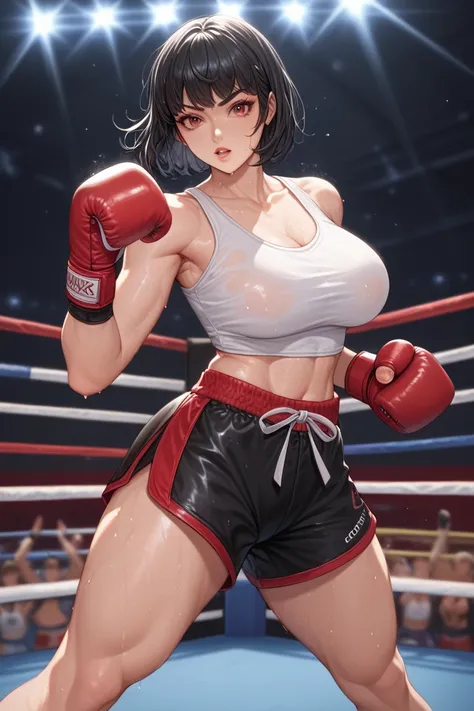 1 Korean girl, solo, black hair with bangs, red eyes, voluptuous, kickboxing shorts, kickboxing gloves, sweaty, white mini tank top, fighting octagon, audience, blurred background