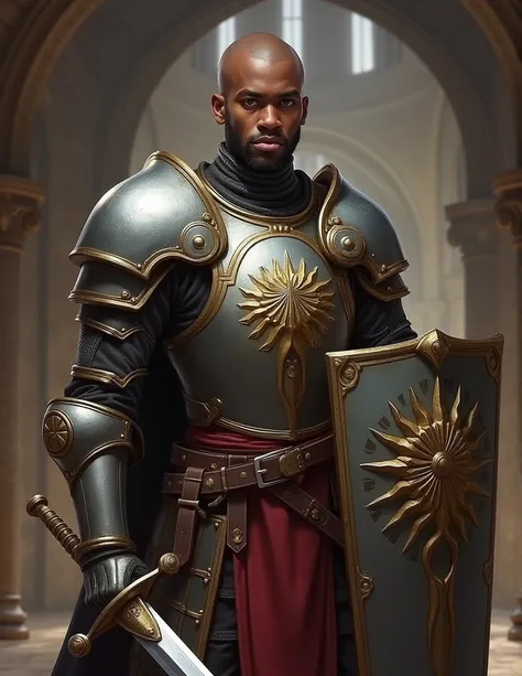 pathfinder, d&d setting, in a realistic high quality digital art style portrait of a young teen, boyish cute, heavily muscled, pug nosed, angular faced  black male fighter in breast-plate armor. He has a very short length, extended goatee beard and is bald...