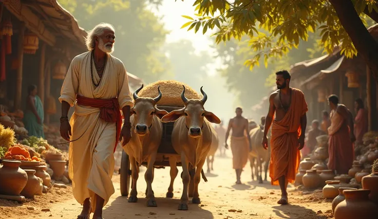 A bustling village market scene with an old merchant in his 40s, wearing a white kurta and dhoti, walking through the market with a cart drawn by oxen. He observes Arjun from a distance, who is seen working relentlessly, lifting sacks of grain. The merchan...