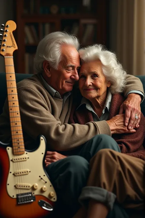 A man and a woman in their 60s clothes sitting and hugging next to them have a very old Fender Stratocaster guitar 