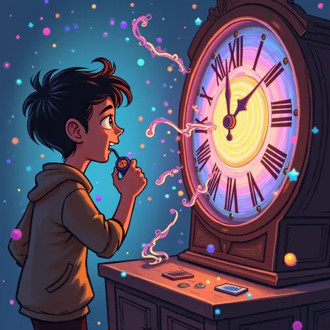 Sam, who loved puzzles, noticed a tiny button on the side. “Should we press it?”
Before anyone could answer, Max pressed the button. The clock began to hum, and the room filled with swirling colors. The friends felt like they were being pulled into a whirl...