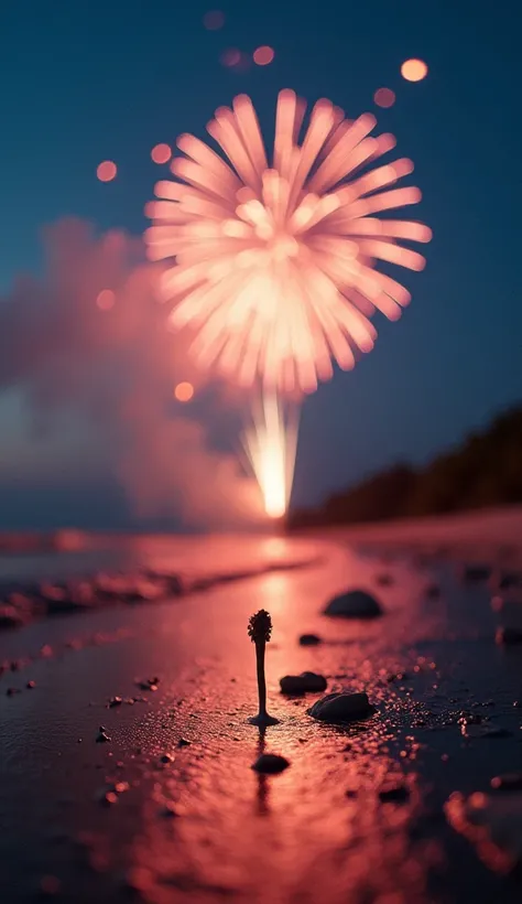 the smallest New Years Eve fireworks display ever at Pink Beach, Indonesia at night, tilt shift, analog photo, faded, low contrast