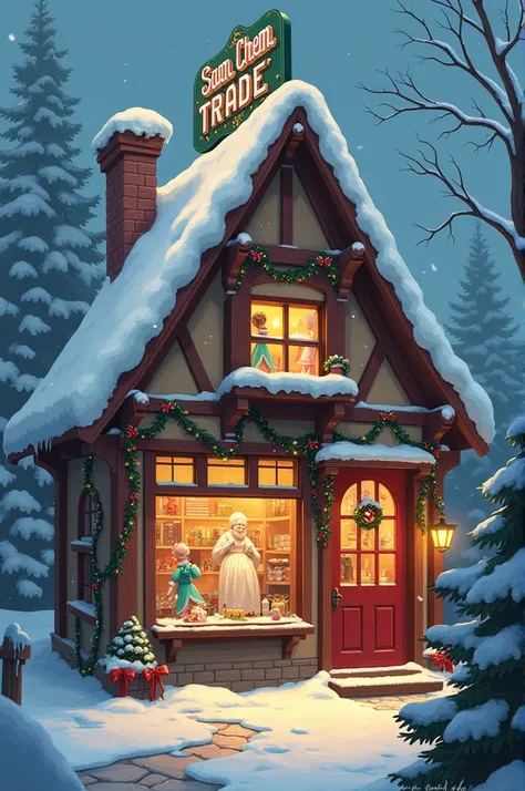 The bag sewing shop ,  where the Snow Maidens work,  and everything is managed by Santa Claus ,  and on the top is the inscription “Sam Chem Trade” 