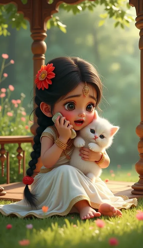 The little white kitten, her braided hair adorned with a red flower, wearing a white Indian outfit, is holding a phone to her ear, crying with her mouth open and tears in her eyes. Around her, there is a gazebo and lush green ground.