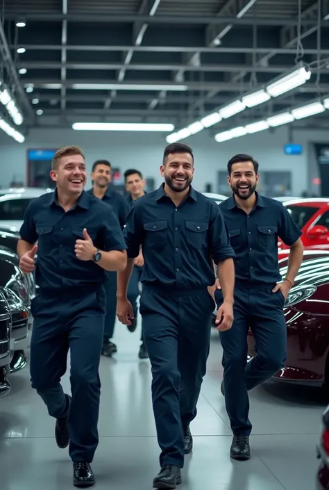 Premium car garage in dubai with cars and 3 mechanic in uniform and tools celebrating picture