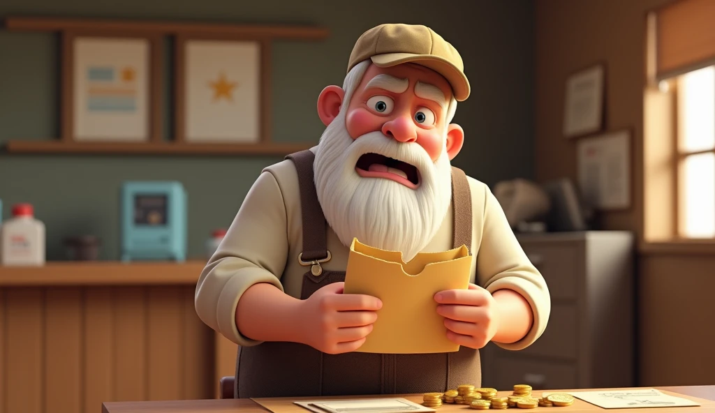 "A 3D illustration featuring the exact same farmer character as in the previous prompts, sitting on a simple wooden bench in a rural post office, angrily opening a letter to take out coins. The farmer, with his white beard, wearing his light beige shirt, b...