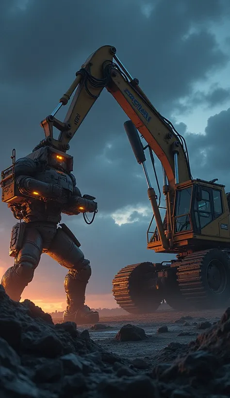 REALISTIC EXCAVATOR VS MODERN AND FUTURISTIC ATTRACTIVE GRAPHIC TRUCK, NIGHT BACKGROUND