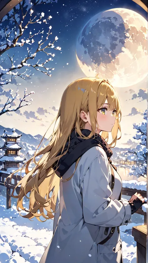 A girl in warm clothes is watching the winter moon、 Golden Hair 、 staring in front