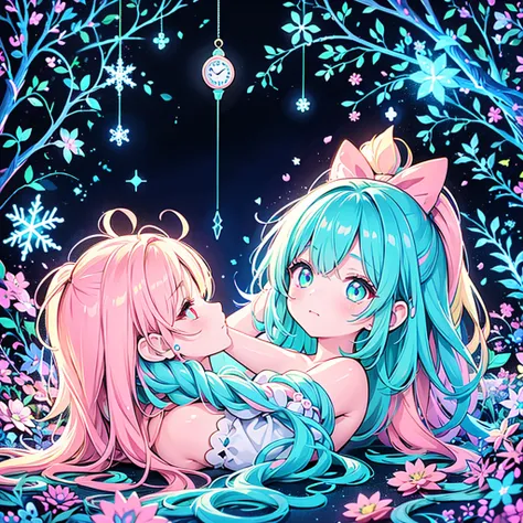  1 girl,Chibi、 fantasy、 cute世界、Trump、 Alice in Wonderland、clock、  best details、 cute、  neon color gradient hair color、   snowflake  、 fantasy、  absurd、 neon lights enhance the  cuteness、世界一 cute絵、  fantasy、 Alice in Wonderland、