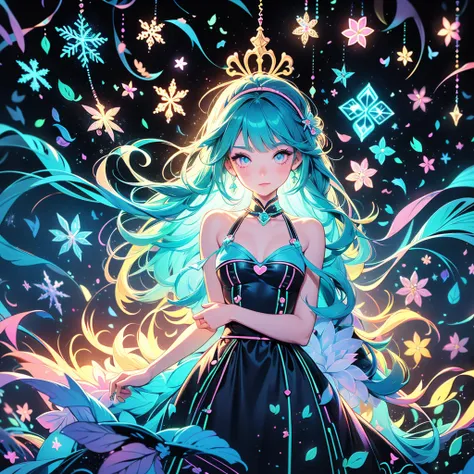  1 girl,Chibi、 fantasy、 cute世界、Trump、 Alice in Wonderland、clock、  best details、 cute、  neon color gradient hair color、   snowflake  、 fantasy、  absurd、 neon lights enhance the  cuteness、世界一 cute絵、  fantasy、 Alice in Wonderland、