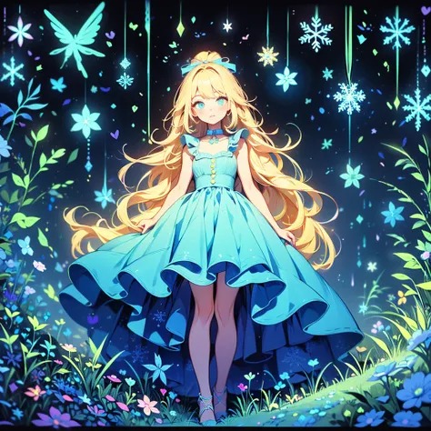  1 girl,Chibi、 fantasy、 cute世界、Trump、 Alice in Wonderland、clock、  best details、 cute、  neon color gradient hair color、   snowflake  、 fantasy、  absurd、 neon lights enhance the  cuteness、世界一 cute絵、  fantasy、 Alice in Wonderland、